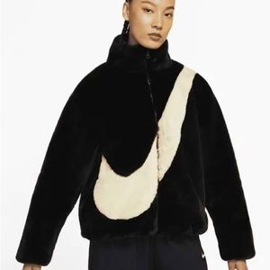 NWT Nike Oversized Swoosh Luxe Faux Fur Jacket size Medium Black/White
